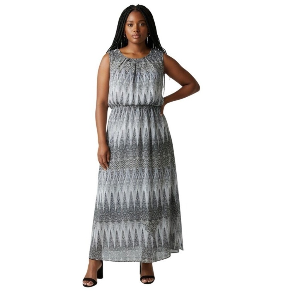 ALYX Women 2X Gray Geometric Ikat Print Sleeveless Elastic Waist Maxi Dress
